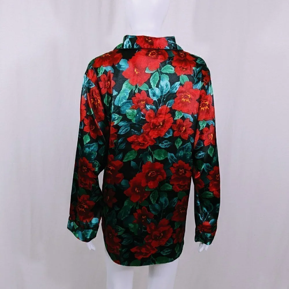 Vintage Gold Label Victoria's Secret Green & Red Floral Pajama Top Size S